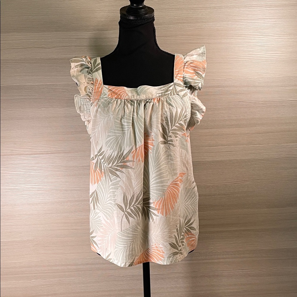 Ecothreads Linen Blend Tropical Fronds Patterned Ruffle Sleeve Tank